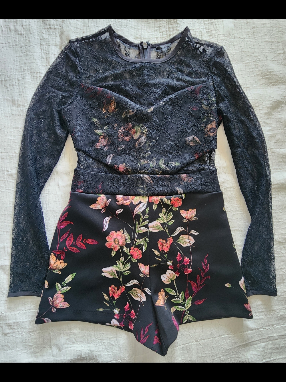 Guess Floral Print Lace Top Long Sleeve Romper Black Multi